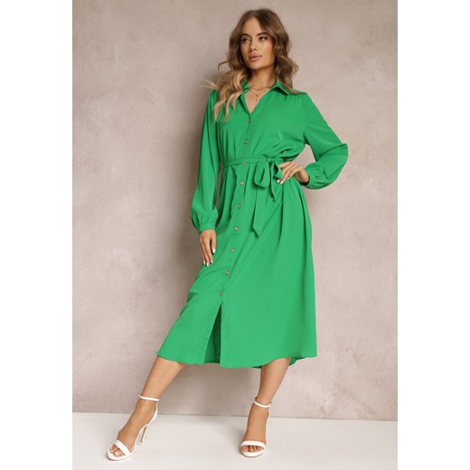 Zielona Koszulowa Sukienka Midi z Materiałowym Paskiem i Rozszerzanym Dołem Chamara ze sklepu Renee odzież w kategorii Sukienki - zdjęcie 157106633