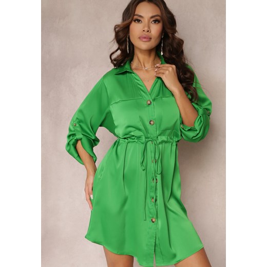 Zielona Sukienka Mini z Kołnierzem i Ściągaczem w Pasie Minal ze sklepu Renee odzież w kategorii Sukienki - zdjęcie 157106703