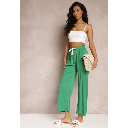 Zielone Szerokie Spodnie z Marszczoną Gumką i Sznurkiem Feliti ze sklepu Renee odzież w kategorii Spodnie damskie - zdjęcie 157106903