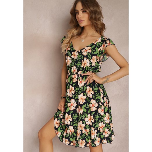 Granatowo-Zielona Rozkloszowana Sukienka Bawełniana w Kwiaty Maller ze sklepu Renee odzież w kategorii Sukienki - zdjęcie 157107561