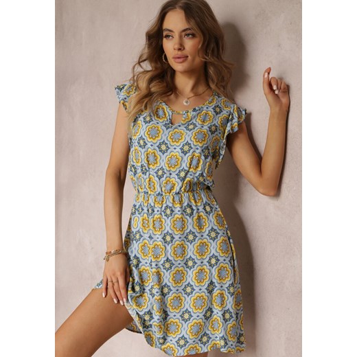 Niebiesko-Żółta Bawełniana Sukienka Mini w Mozaikowy Wzór z Gumką w Talii Fiyona ze sklepu Renee odzież w kategorii Sukienki - zdjęcie 157107611