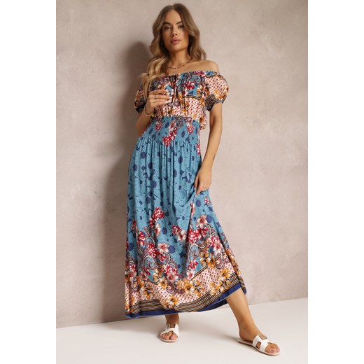 Niebieska Bawełniana Sukienka z Gumkami w Pasie i Hiszpańskim Dekoltem Laenianna ze sklepu Renee odzież w kategorii Sukienki - zdjęcie 157107651