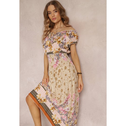 Sukienka Renee rozkloszowana z dekoltem typu hiszpanka w kwiaty z krótkimi rękawami boho maxi 