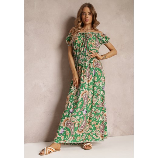 Zielona Bawełniana Sukienka Maxi z Hiszpańskim Dekoltem i Cienkimi Gumkami w Talii Alarina ze sklepu Renee odzież w kategorii Sukienki - zdjęcie 157107661