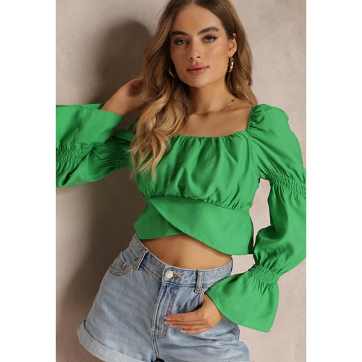 Zielona Krótka Bluzka z Marszczeniem i Kwadratowym Dekoltem Adylene ze sklepu Renee odzież w kategorii Bluzki damskie - zdjęcie 157107883