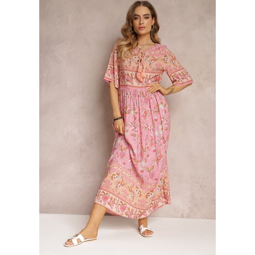 Różowa Kwiecista Sukienka Maxi z Ozdobnym Wiązaniem i Rozkloszowanym Dołem Alvilda ze sklepu Renee odzież w kategorii Sukienki - zdjęcie 157108572
