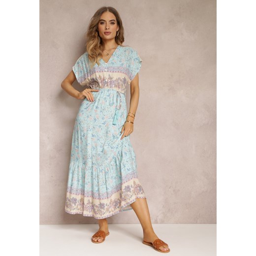Niebieska Rozkloszowana Sukienka Maxi z Gumkami w Pasie z Bawełny Besie ze sklepu Renee odzież w kategorii Sukienki - zdjęcie 157108582