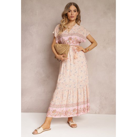 Jasnoróżowa Rozkloszowana Sukienka Maxi z Gumkami w Pasie z Bawełny Besie ze sklepu Renee odzież w kategorii Sukienki - zdjęcie 157108592