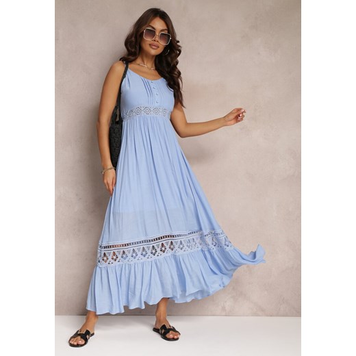 Niebieska Rozkloszowana Sukienka Maxi z Falbanką i Koronką Luluma ze sklepu Renee odzież w kategorii Sukienki - zdjęcie 157108742