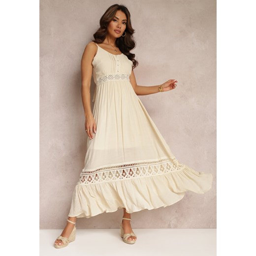 Beżowa Rozkloszowana Sukienka Maxi z Falbanką i Koronką Luluma ze sklepu Renee odzież w kategorii Sukienki - zdjęcie 157108752