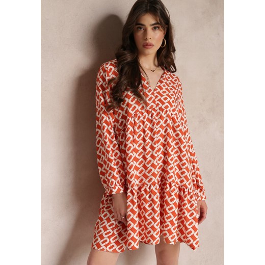 Pomarańczowa Rozkloszowana Sukienka z Głębokim Dekoltem i Geometrycznym Wzorem Charene ze sklepu Renee odzież w kategorii Sukienki - zdjęcie 157109022