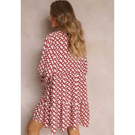 Biało-Czerwona Rozkloszowana Sukienka z Głębokim Dekoltem i Geometrycznym Wzorem Renee ONE SIZE wyprzedaż Renee odzież