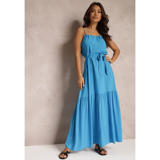 Niebieska Rozkloszowana Sukienka na Ramiączkach z Wiązanym Paskiem Diadite ze sklepu Renee odzież w kategorii Sukienki - zdjęcie 157109612