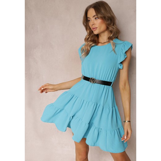 Niebieska Sukienka Mini z Falbankami Paskiem i Gumką w Talii Lavada ze sklepu Renee odzież w kategorii Sukienki - zdjęcie 157110243