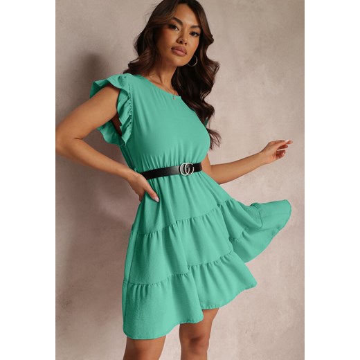 Zielona Sukienka Mini z Falbankami Paskiem i Gumką w Talii Lavada ze sklepu Renee odzież w kategorii Sukienki - zdjęcie 157110263
