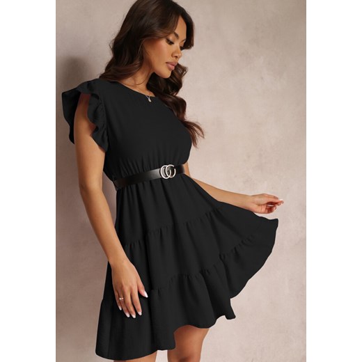 Czarna Sukienka Mini z Falbankami Paskiem i Gumką w Talii Lavada Renee ONE SIZE wyprzedaż Renee odzież