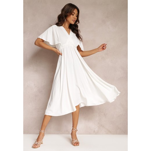 Biała Sukienka z Gumką w Talii Krótkim Rękawem i Kopertowym Dekoltem Kelila ze sklepu Renee odzież w kategorii Sukienki - zdjęcie 157110283