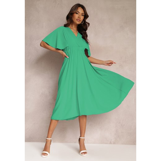 Zielona Sukienka z Gumką w Talii Krótkim Rękawem i Kopertowym Dekoltem Kelila ze sklepu Renee odzież w kategorii Sukienki - zdjęcie 157110293