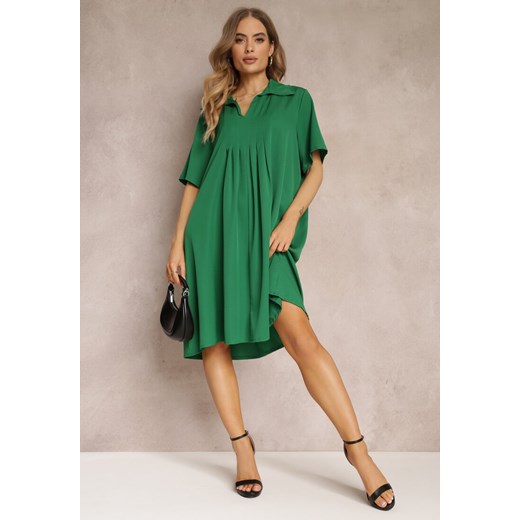 Zielona Zwiewna Sukienka Rozkloszowana z Kołnierzykiem i Zakładkami Pedrisa ze sklepu Renee odzież w kategorii Sukienki - zdjęcie 157110453