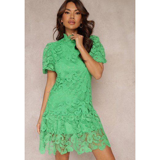 Zielona Sukienka z Koronkowym Haftem Paisley i Bufiastymi Rękawami Briena ze sklepu Renee odzież w kategorii Sukienki - zdjęcie 157110611