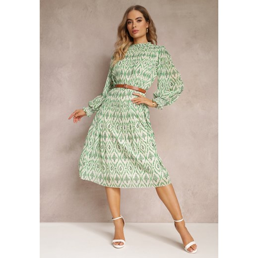 Zielona Sukienka w Etno Wzór z Paskiem i Plisowaniem Dorisia ze sklepu Renee odzież w kategorii Sukienki - zdjęcie 157110911
