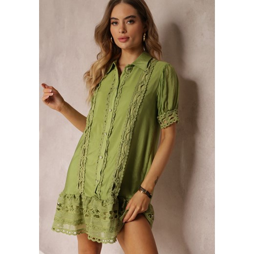 Zielona Sukienka Koszulowa z Ażurową Koronką i Ozdobnymi Guzikami Demeta ze sklepu Renee odzież w kategorii Sukienki - zdjęcie 157110941
