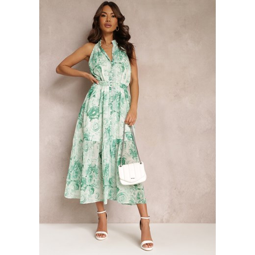 Zielona Rozkloszowana Sukienka w Kwiaty z Paskiem Ademora ze sklepu Renee odzież w kategorii Sukienki - zdjęcie 157110991