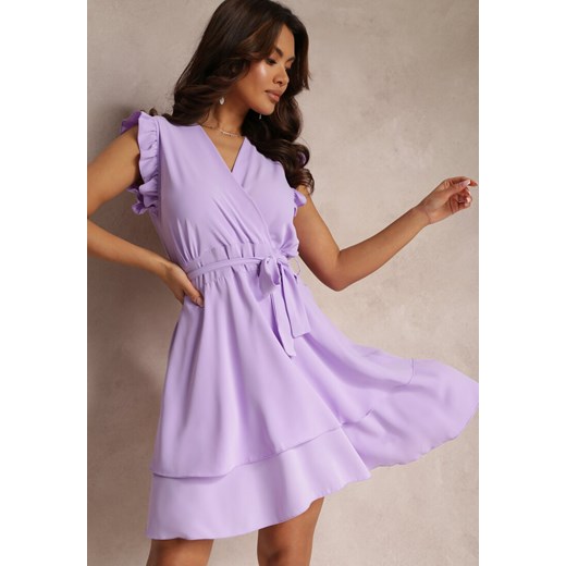 Fioletowa Sukienka z Wiązaniem w Pasie Ozdobiona Falbankami Tarf ze sklepu Renee odzież w kategorii Sukienki - zdjęcie 157111371