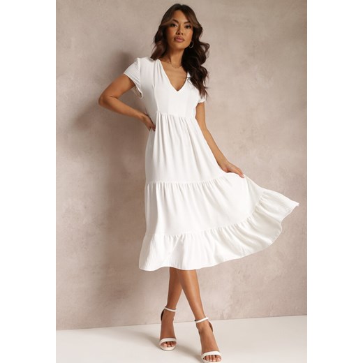 Biała Sukienka z Trójkątnym Dekoltem i Falbaną Callandia ze sklepu Renee odzież w kategorii Sukienki - zdjęcie 157111401
