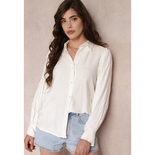 Biała Koszula z Ozdobnymi Rękawami z Plisowanej Tkaniny Zemona ze sklepu Renee odzież w kategorii Koszule damskie - zdjęcie 157111421