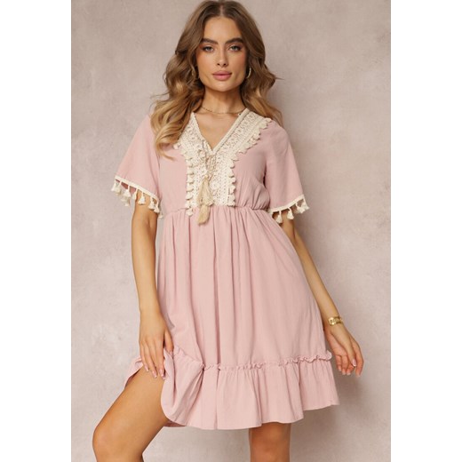 Różowa Sukienka Mini z Gumką w Talii i Ozdobną Taśmą z Cekiniami Ofelifia ze sklepu Renee odzież w kategorii Sukienki - zdjęcie 157111703