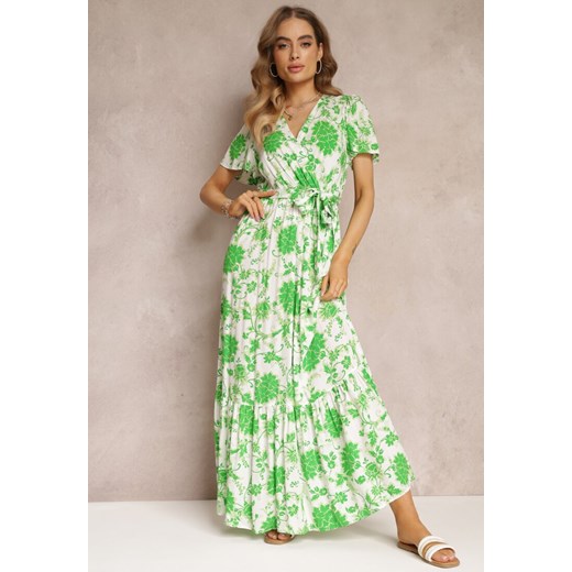Zielona Sukienka w Kwiaty z Paskiem i Gumką w Talii z Wiskozy Agletina ze sklepu Renee odzież w kategorii Sukienki - zdjęcie 157111743