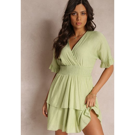 Zielona Zwiewna Sukienka Mini z Falbankami i Szeroką Gumką w Talii Olleanne ze sklepu Renee odzież w kategorii Sukienki - zdjęcie 157111993