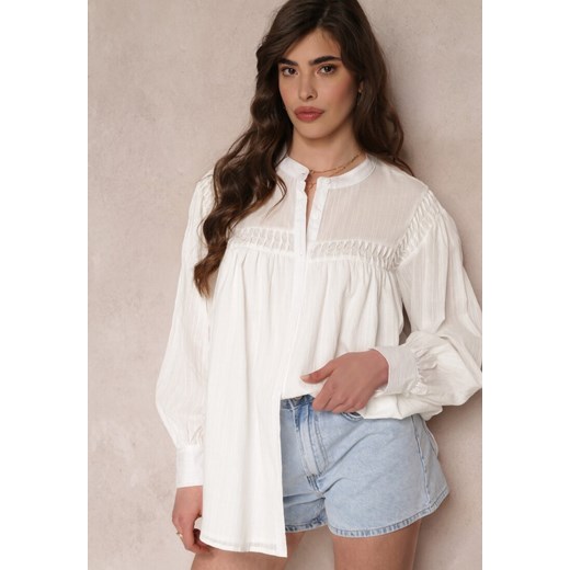 Biała Koszula z Bawełny z Ozdobnymi Wstawkami Lakinia ze sklepu Renee odzież w kategorii Koszule damskie - zdjęcie 157112023