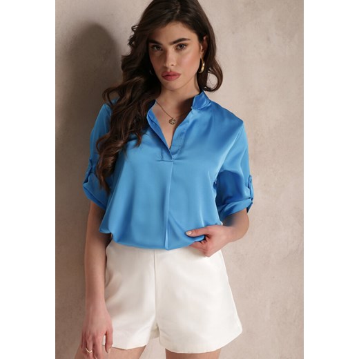 Niebieska Bluzka z Głębokim Dekoltem i Przedłużonym Tyłem Nilani ze sklepu Renee odzież w kategorii Bluzki damskie - zdjęcie 157112262