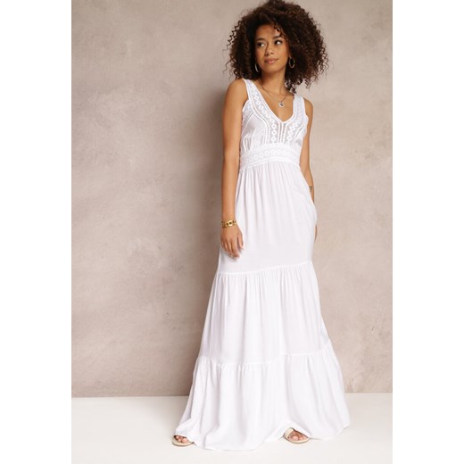 Biała Rozkloszowana Sukienka Maxi z Szydełkowanymi Wstawkami Ylivea Renee S promocja Renee odzież