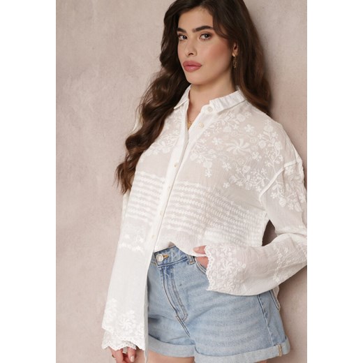 Biała Przezroczysta Koszula z Bawełny z Haftem w Kwiatki Kariela ze sklepu Renee odzież w kategorii Koszule damskie - zdjęcie 157112482