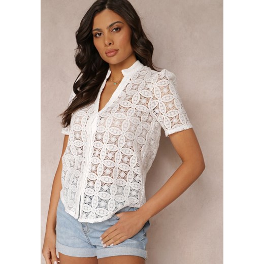 Biała Koronkowa Koszula z Krótkim Rękawem Huelva ze sklepu Renee odzież w kategorii Koszule damskie - zdjęcie 157112582