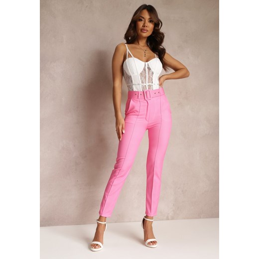Różowe Materiałowe Spodnie z Wysokim Stanem i Paskiem Pylisa ze sklepu Renee odzież w kategorii Spodnie damskie - zdjęcie 157112652