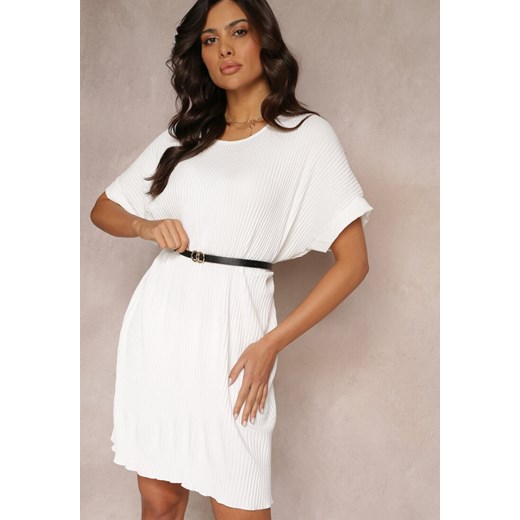 Biała Sukienka Mini Plisowana z Paskiem z Imitacji Skóry Dasima ze sklepu Renee odzież w kategorii Sukienki - zdjęcie 157112672
