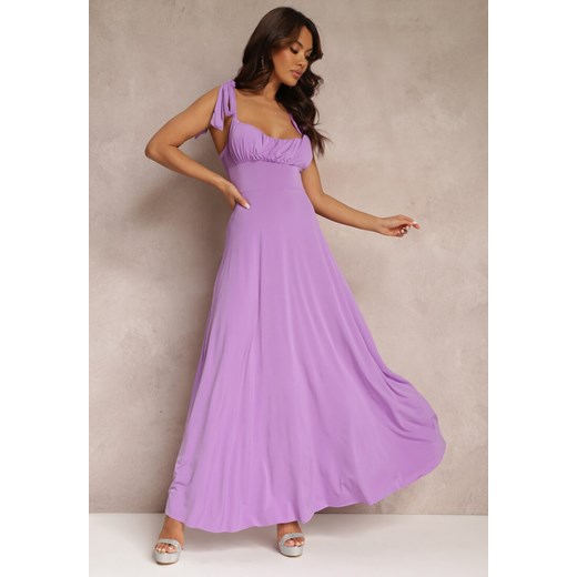Fioletowa Długa Sukienka z Marszczonym Dekoltem i Wiązanymi Ramiączkami Rozvita ze sklepu Renee odzież w kategorii Sukienki - zdjęcie 157113681