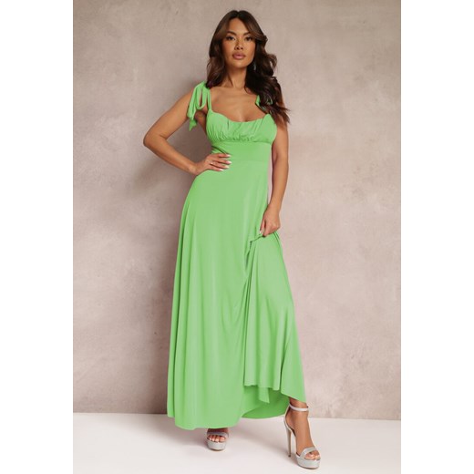 Zielona Długa Sukienka z Marszczonym Dekoltem i Wiązanymi Ramiączkami Rozvita ze sklepu Renee odzież w kategorii Sukienki - zdjęcie 157113701