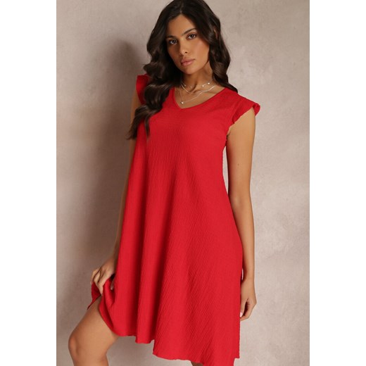 Czerwona Sukienka Midi Trapezowa z Materiału z Ozdobnym Tłoczeniem Emlia Renee M okazja Renee odzież