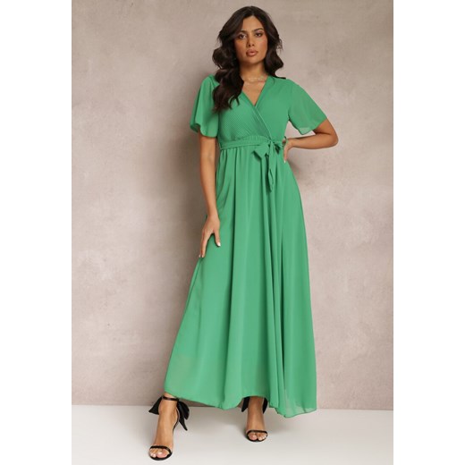 Zielona Plisowana Sukienka z Kopertowym Dekoltem i Gumką w Talii Dimitris ze sklepu Renee odzież w kategorii Sukienki - zdjęcie 157114161