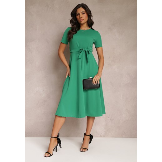 Zielona Sukienka Midi z Rozkloszowanym Dołem i Wiązaniem w Pasie Nancis ze sklepu Renee odzież w kategorii Sukienki - zdjęcie 157114500