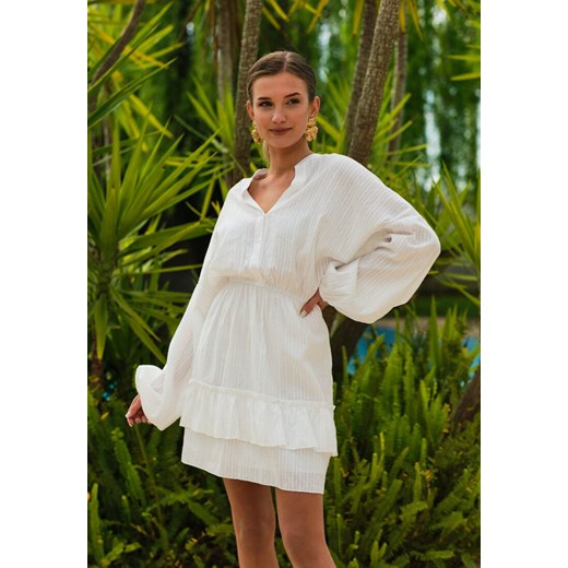 Biała Sukienka z Gumką w Pasie i Falbanką  Amee ze sklepu Renee odzież w kategorii Sukienki - zdjęcie 157116200
