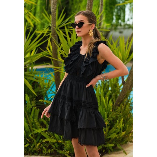 Czarna Sukienka z Gumkami w Talii  i Falbanami Yanel ze sklepu Renee odzież w kategorii Sukienki - zdjęcie 157116382