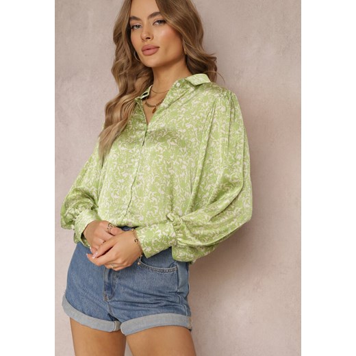 Zielona Kwiecista Koszula z Bufiastym Rękawem z Mankietem Aris ze sklepu Renee odzież w kategorii Koszule damskie - zdjęcie 157119614
