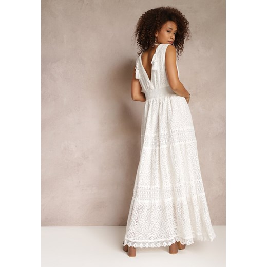 Biała Sukienka Maxi z Koronkowej Tkaniny z Wiązaniem przy Dekolcie Nodaia Renee M okazja Renee odzież