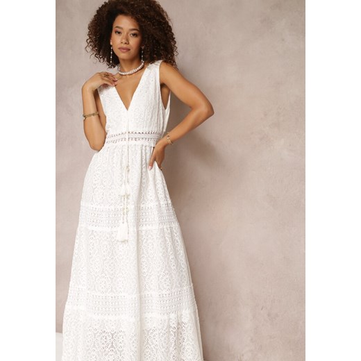 Biała Sukienka Maxi z Koronkowej Tkaniny z Wiązaniem przy Dekolcie Nodaia Renee M okazja Renee odzież